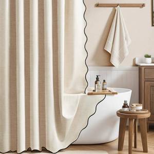 lot 4162 image: BTTN Extra Long Boho Shower Curtain - 96 Inch Long Scalloped Linen Textured Thick Fabric Shower Curtain Set with 12 Hooks, Large Elegant Aesthetic Waterproof Shower Curtains for Bathroom - BeigeCream