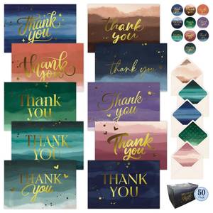 lot 4485 image: Decorably 50 Pack Gold-Foiled 6x4in Watercolor Blank Thank You Cards with Envelopes Bulk and Stickers, 10 Folded Vibrant Designs for Loved Ones, Blank Inside - Birthday, Wedding, Gifting, Mailing