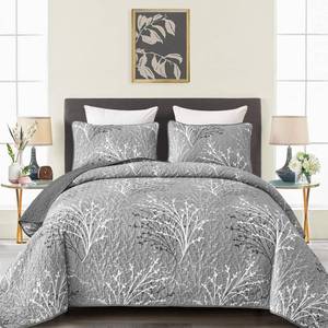 lot 5395 image: DJY Grey Quilt Set King Size - Branch Botanical Pattern Bedspread Coverlet Set, 3 Pieces Gray Floral Quilt Bedding Set, Soft Lightweight Microfiber Reversible Bed Cover for All Season, 110x90