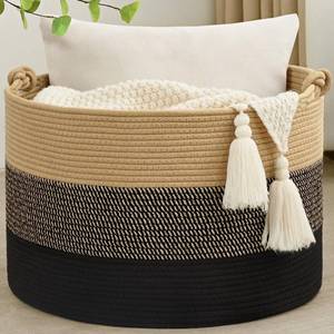 lot 5397 image: Degeyoyo 67L Large Blanket Basket, 20x13 Woven Storage Baskets With Handle, Cotton Rope Blanket Basket Living Room, Baby Laundry hamper for Blanket, Nursery, Toy, Pillow (Brown & Black)