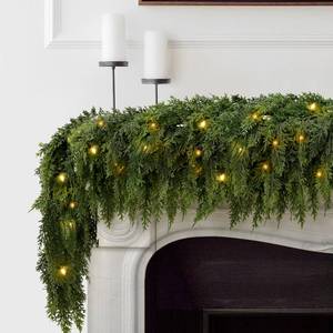 lot 5417 image: 2PCS 9FT Christmas Cedar Garland with 100 Led Lights, Full 240 Pine Branches, Realistic Garland Artificial Greenery for Fireplace,Wall Indoor Outdoor Decorations