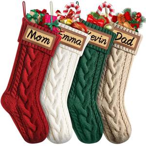 lot 5419 image: Dalzom� 4Pcs Personalized Christmas Stockings with Leather Patches Custom Name, 18�� Premium Large Knitted Christmas Stockings for Kids, Family, Holiday and Fireplace Party Decoration