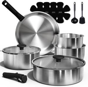 lot 5421 image: CAROTE Pots and Pans Set, Stainless Steel Cookware Set Detachable Handle, 15pcs Induction Kitchen Cookware Sets with Removable Handle, RV Cookware Set, Oven Safe