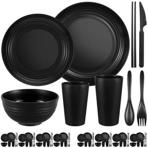 lot 5426 image: 72 Pcs Plates and Bowls Sets, Unbreakable Wheat Straw Dinnerware Set Service for 8, Plastic Dish Set, Reusable Plates Bowls Cups for Kitchen, Camping, Outdoor, Dorm Microwave & Dishwasher Safe, Black