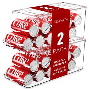 lot 5430 image: SCAVATA 2 Pack Stackable Refrigerator Organizer, Soda Can Dispenser Pop Cans Container Beverage Holder with Lid for Fridge, Freezer, Kitchen, Clear Plastic Storage Bins-Holds 10 Cans Each