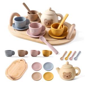 lot 5442 image: Tea Party Set for Little Girls 1-3 Kids Tea Set with Silicone Teapot Cups Coasters Carrying Scoop Wooden Tray, Kitchen Accessories Pretend Play for Girls Boys Age 3 4 5 (15 Pcs)