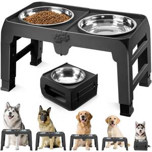 lot 5454 image: Elevated Dog Bowls for Large Dogs 5 Adjustable Heights 7.5-15.4, 2 X-Large 10�� Stainless Steel Bowls, Heavy Duty Raised Dog Bowl Stand Foldable Pet Feeder for Dogs Shoulder Height Over 15��, Black