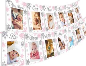 lot 6013 image: Kreatwow Snowflake Winter Onederland Photo Banner - Girls Monthly Newborn to 12 Months Photo Banner for Winter 1st Birthday Decorations Pink Christmas Snowflake 1st Birthday Decorations