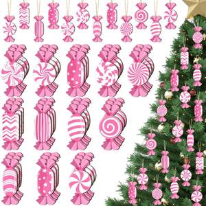 lot 6349 image: Barydat 36 Pcs Christmas Pink Ornaments Christmas Pink Candy Decoration Pink White Candy Wooden Tree Hanging Ornaments for Xmas Tree Candy Decor Party Favor