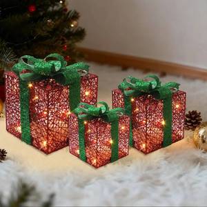 lot 6351 image: Christmas Decorations, 3-Piece Set, Box Ornaments with Bows, Illuminates Christmas Tree Skirts. Suitable for Indoor, Courtyard, and Outdoor Lawn Decorations.