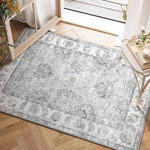 lot 6382 image: jinchan Fiora Floral 2x3 Rugs for Entryway - Vintage Washable Small Non-Slip Distressed Indoor Doormat Ultra-Thin Low-Pile Accent Rug for Entrance Kitchen Bedroom Bathroom (2x3ft, Grey)