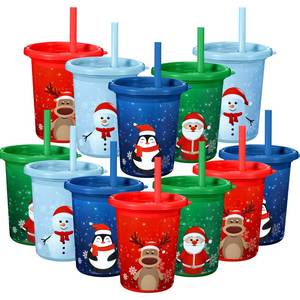 lot 6383 image: Nuanchu 12 Pcs Christmas Cups with Straws and Lids 10 oz Plastic Reusable Cups for Xmas Party Gift