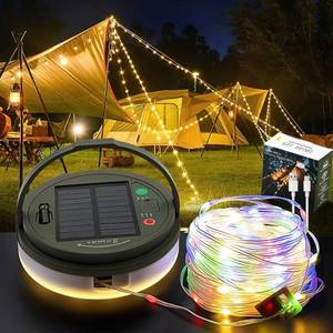 lot 6390 image: 33FT Solar Camping String Lights, Rechargeable String Lights with 8 Modes, Waterproof Outdoor Lights with Delay Closure, Retractable Design & Hooks for Outdoor Patio Awning Garden Party Essentials