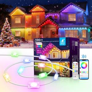 lot 6400 image: AHAWILL 100FT Christmas Permanent Outdoor Lights,RGB Eaves Lights with App & Remote Control,DIY Multi-Color Scene Modes,IP67 Waterproof,Outdoor Strings for House,Holiday Decorations for Christmas