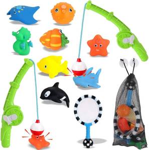 lot 6407 image: Magnetic Toddler Bath Toys - Kids Fishing Pool Game Set of 2 Fishing Poles, 8 Rubber Sea Animals, & Net - Water Toys with Mesh Organizer Bag