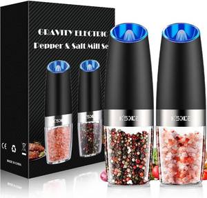 lot 6416 image: XinXu Gravity Electric Pepper and Salt Grinder Set, Adjustable Coarseness, with LED Light, One Hand Automatic Operation (SetBlack X)