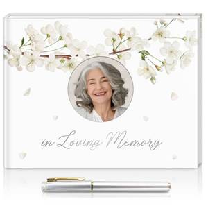lot 6440 image: TEBSIL in Loving Memory Floral Funeral Guest Book with Gold Stamping, Photo Slot, 96 Pages, and Pen �� 9x7 Inches, White Theme