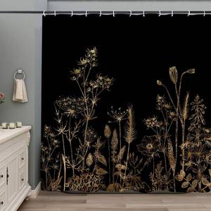 lot 6450 image: PAOPOED Black Gold Boho Floral Shower Curtain, Botanical Aesthetic Dark Wildflower Vintage Bathroom Decor, Waterproof Fabric Bathroom Curtain Set with Hooks 72X72Inch