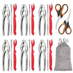 lot 6456 image: Hiware 20-piece Seafood Tools Set includes 6 Crab Crackers, 6 Lobster Shellers, 6 Crab Leg ForksPicks and 2 Seafood Scissors & Storage Bag - Nut Cracker Set