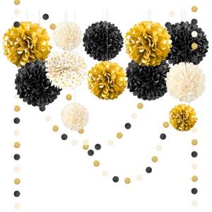 lot 6489 image: NICROLANDEE Black Gold Party Decorations, 15 PCS Tissue Paper Pom Poms Kit for 2026 New Year Party, Wedding, Birthday, Engagement, Graduation Party Decor, Paper Garland Flower Ball Ceiling Wall Decor