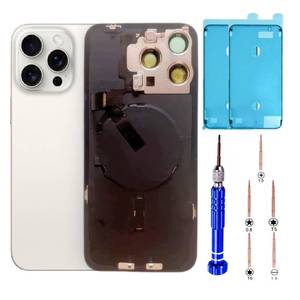 lot 6491 image: 15 Pro Max Back Glass Replacement Kit with Plate & Flex Cable and All Parts, White Titanium, 6.7 Inch for iPhone 15Pro Max Back Cover Glass, with Repair Tools (White Titanium)