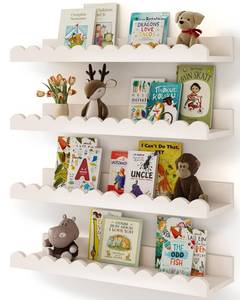 lot 7359 image: Shario Nursery Book Shelves, 4-Pack White Floating Shelves for Wall Kids, Scalloped Shelves, Wall Book Shelves for Bedroom Kids, Toddler Room, Baby Room, Nursery Decor