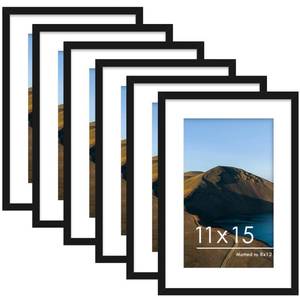 lot 7377 image: PEALSN 11x15 Picture Frames Set of 6, Display Pictures 8x12 with Mat or 11x15 without Mat for Wall Mounting, Photo Frames Collage for Wall Decor, Black.