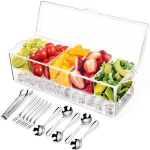 lot 7378 image: Condiment Tray with Stainless Steel 5 Spoons, 5 Forks and 1 Clip, Chilled Condiment Server, Condiment Server, Bar Garnish Holder on Ice, Bar Accessories Fruit and Salad with Removable Trays and Lid
