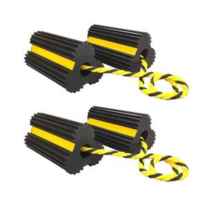 lot 7390 image: HOXWELL 2 Pair Rubber Heavy Duty Dual Wheel Chocks Front and Back, RV Leveling Blocks Non Slip Base with Nylon Rope Yellow Reflective Tape for Travel Trailers, Car, Camper, Truck (4 Pack)