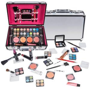lot 7393 image: SHANY Carry All Make up Train Case with Pro Makeup Set, Beauty Brushes, Lipsticks, Eye Shadows, Blushes, Powders, and more - Reusable Cosmetics Storage Organizer - Premium Gift Packaging - Silver
