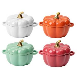 lot 7402 image: FYUEROPA Pumpkin Bowl Set with Lid and Handle, Set of 4 Ceramic Ramekins for Baking, Casserole Dish Individual Severing Pot, Stoneware, Oven Safe, 14 Oz(Four Colors)