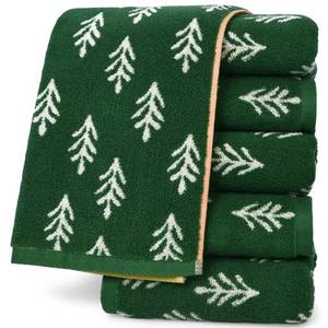 lot 7420 image: Jacquotha Christmas Hand Towels Set of 6, Cotton, Green Towels for Holiday Bathroom Kitchen Decor & Everyday Use, Double-Sided Tree Pattern