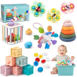 lot 7441 image: Plunack 6 in 1 Montessori Baby Toy for Toddlers, Infant Teething Babies Stacking Blocks Rings Pull String Toy Suction Cup Spinner Toy Matching Eggs Shape Sorter Sensory Bin