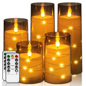 lot 7445 image: Homemory Flameless Candles with Embedded Star String Fairy Lights, Battery Operated Candles, LED Candle, Fake Candles with Remote Control and Timer for Halloween, Gray Acrylic, Set of 5(H45688)