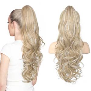 lot 8497 image: LONAI Claw Clip Ponytail Extension for Women 24 Inch Curly Wavy Clip in Ponytail Hair Extensions Pony Tail on Hair Piece (Light Blonde with White Blonde Highlight)