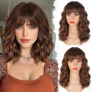 lot 8498 image: Lativ Brown Highlights Wig with Bangs Short Wigs for Women Bob Wavy Curly Synthetic Hair Heat Resistant Natural Appearance for Everyday Cosplay Use 14 Inch