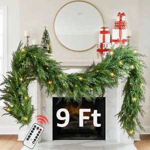 lot 9097 image: Christmas Cedar Garland Realistic with Lights - Cypress Decorations 9ft for Mantle Lighted Faux Pine Garlands for Xmas Home Decoration Indoor Stairs Railing Fireplace 9 Ft Outdoor Prelit Door Decor