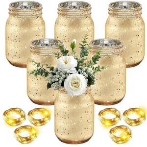 lot 9100 image: Layhit 6 Pcs Painted Mason Jars Colored Painted Mason Jars Centerpiece for Table with 6 Pcs 9.84 ft 30 LED Operated Fairy Lights for Wedding(Gold)