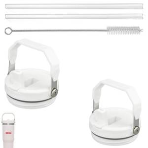 lot 10110 image: 2Pack Replacement Tumbler Lid Fit for Stanley IceFlow 30 oz(Only) Flip Straw Lid, with 2Pcs Reusable Straws,1Pcs Cleaning Brush (White)
