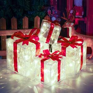 lot 13271 image: COVFEVER Christmas Lighted Gift Boxes, Pre-lit Lights Gift Boxes Set of 4, Light up Present Boxes Set Battery Operated with Different Sizes for Holiday Indoor Outdoor Decorations(Cool White)