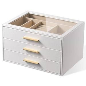 lot 13281 image: pickpiff Jewelry Box Organizer Case for Women 3-Layer Jewelry Storage Case with Glass Window, Pure White Leather with Velvet Holder for Ring Necklace Bracelet Brooch Watch, Great Gift for Her