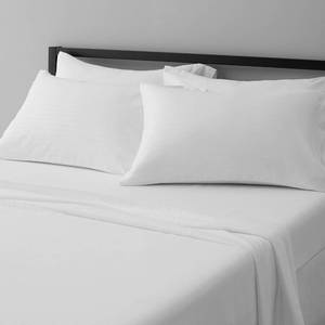 lot 13284 image: Amazon Basics Soft, Wrinkle-Free Bed Sheets Full Size, Deluxe Microfiber, Breathable, 4-Piece, Bright White Striped