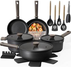 lot 13355 image: Astercook Non Stick Pots and Pans Set, Healthy Non-Toxic Titanium Induction Kitchen Cookware Sets for Cooking with Frying Pans, PFASPTFEPFOA & PFOS Free, Black, 19 Pcs