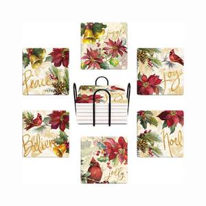 lot 14393 image: 6Pcs Christmas Coasters with Metal Holder, Watercolor Cardinal and Poinsettia Absorbent Square Ceramic Stone Mat Coaster, Drink Coasters Cup Mats for Bar Party Home Office Table Decor Warming Gift