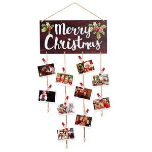 lot 14396 image: Ychelhr Christmas Card Holder - Merry Christmas Wooden Hanging Picture Display with 30 Photo Clips for Xmas Cards, Home Wall, Door, and Window Decor (Brown)