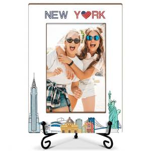 lot 14399 image: DOIUCRO New York Picture Frame - 4x6 New York Themed Wooden Frame with Stand, Gifts for Family Vacation Honeymoon Wedding, Home Office Desk Holiday Decorations - 05