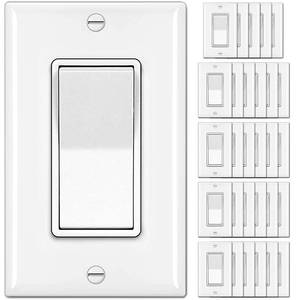 lot 15585 image: BESTTEN 30 Pack Single Pole Decorator Light Switch, Rocker Paddle Wall Switch, OnOff Interrupter, wWall Plate, 15A 120277V, UL Listed, White