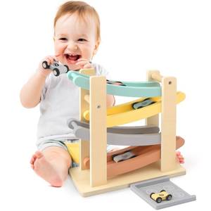 lot 15587 image: Vanplay Car Ramp Toys for One Year Old Boy Birthday Gifts, Wooden Montessori Toys for 1 2 Year Old, Race Track Truck Toy with 4 Mini Cars, First Christmas Birthday Gifts for Toddlers 1-3-2-4