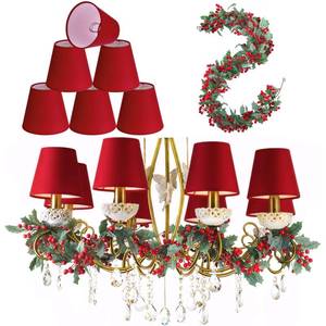 lot 15626 image: Glooglitter 6 Pcs Christmas Chandelier Lamp Shades with 6 ft Red Berry Christmas Garland 3 x 5 x 4.5 Inch Red Xmas Clip on Lamp Shades Decor for Chandeliers Replacement Holiday Decor Supply
