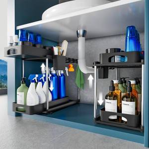 lot 15627 image: VERIFOST 2 Pack Under Sink Organizer, 2 Tier Under Sink Organizers and Storage for Kitchen Bathroom, Height Adjustable Cabinet Organizer with Two Slide-Out Drawers,Black